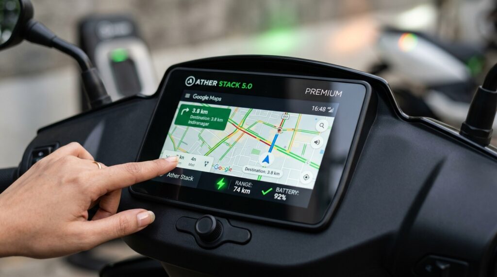 "Close-up of Ather 450X dashboard showing 7-inch touchscreen with live Google Maps navigation and 2026 EV lineup in background."