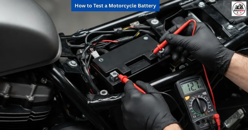A photorealistic, crisp close-up macro studio photograph of a modern black motorcycle battery sitting inside an open motorcycle frame chassis under the seat. A mechanic's hands wearing clean black nitrile gloves are holding two digital multimeter testing leads (one bright red, one matte black) precisely against the clean silver battery terminals. The digital screen of the multimeter clearly displays the glowing numbers "12.7V". Sharp studio lighting accentuates the electrical wires and engine components, low depth of field, 16:9 aspect ratio, 8k resolution.